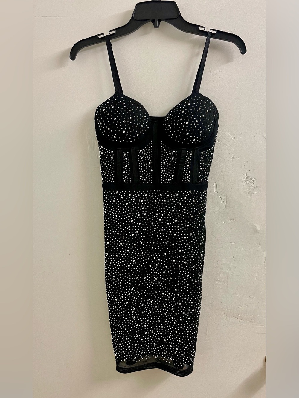 Black Embellished Bodycon Dress with Spaghetti Straps